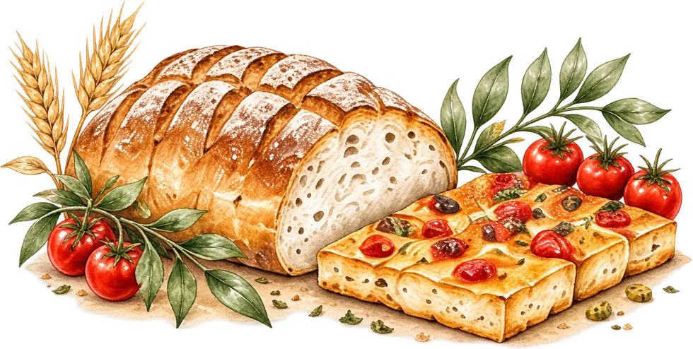 Pain, focaccia aux tomates cerises et épis de blé, à l'aquarelle